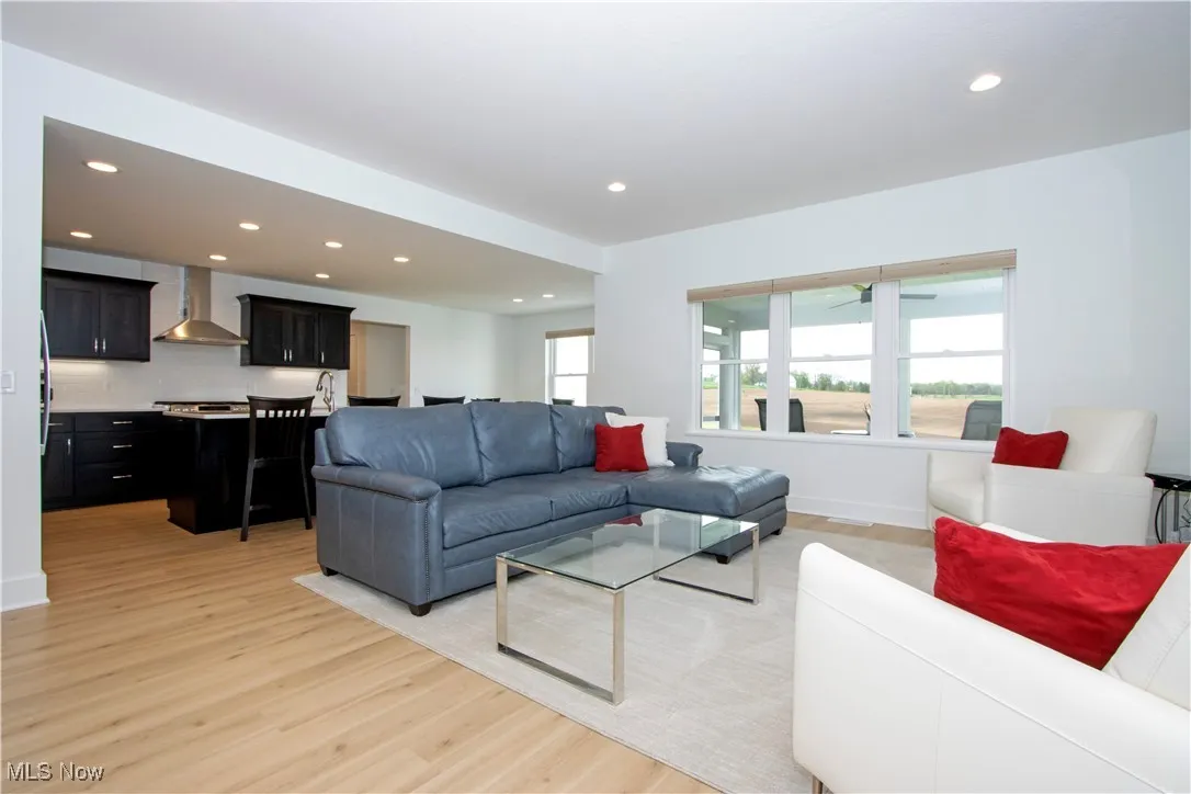 Living area with light wood-type flooring, recessed lighting, and baseboards