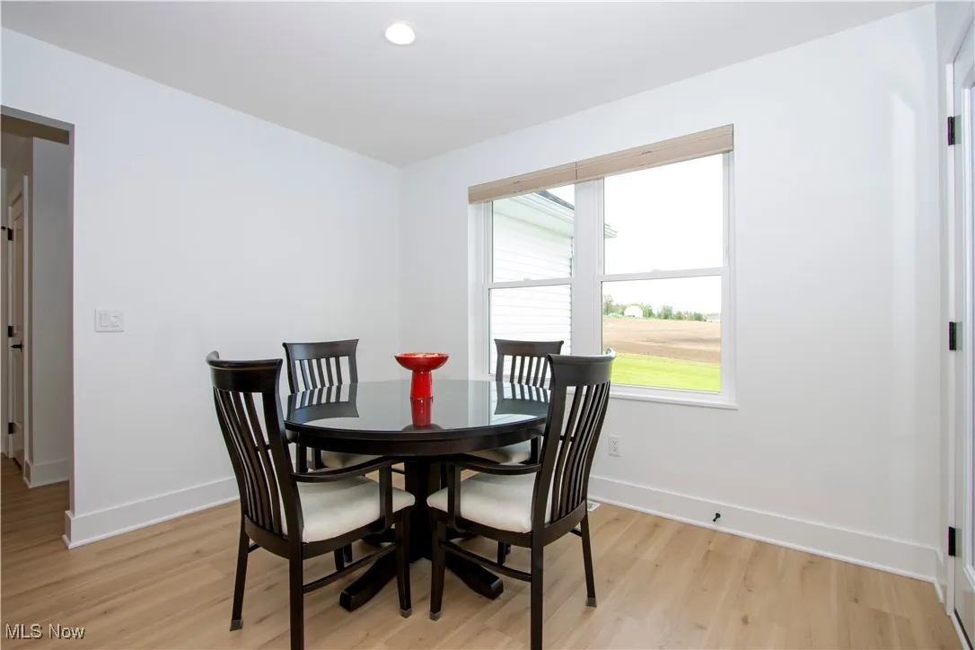 Dining room with light wood-type flooring, baseboards, and recessed lighting