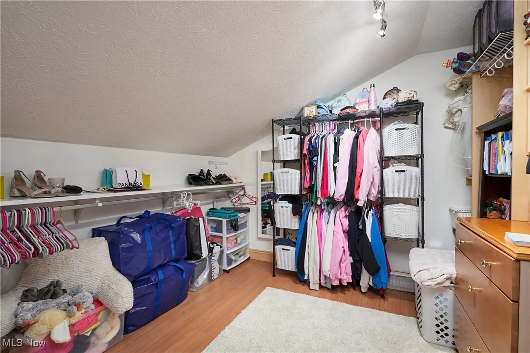 Walk in closet featuring vaulted ceiling and wood finished floors
