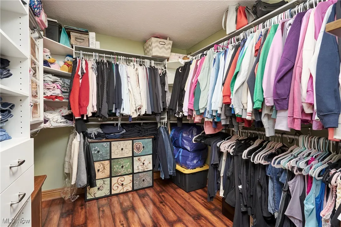 Walk in closet with wood finished floors