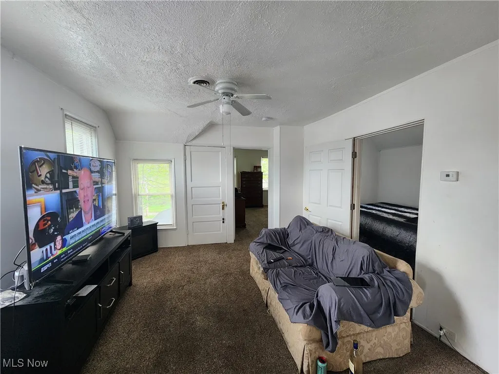 Living area with carpet flooring, a ceiling fan, and a textured ceiling