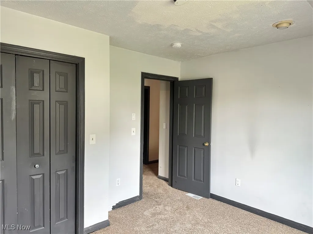 Unfurnished bedroom with light colored carpet, baseboards, a closet, and a textured ceiling