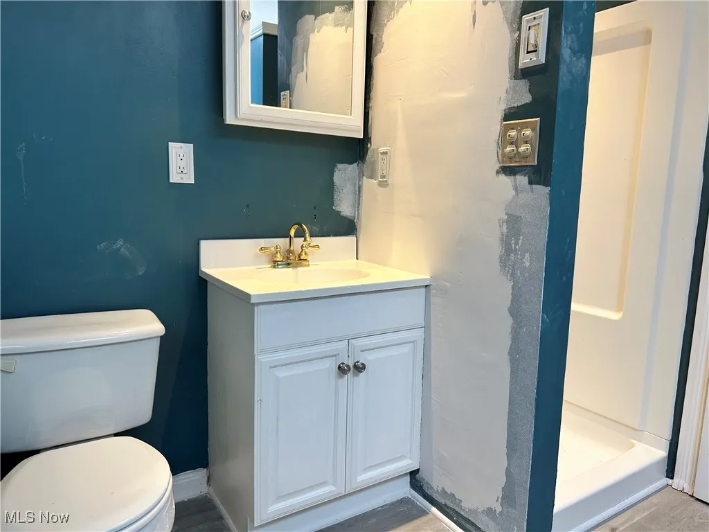 Bathroom with toilet, vanity, and wood finished floors