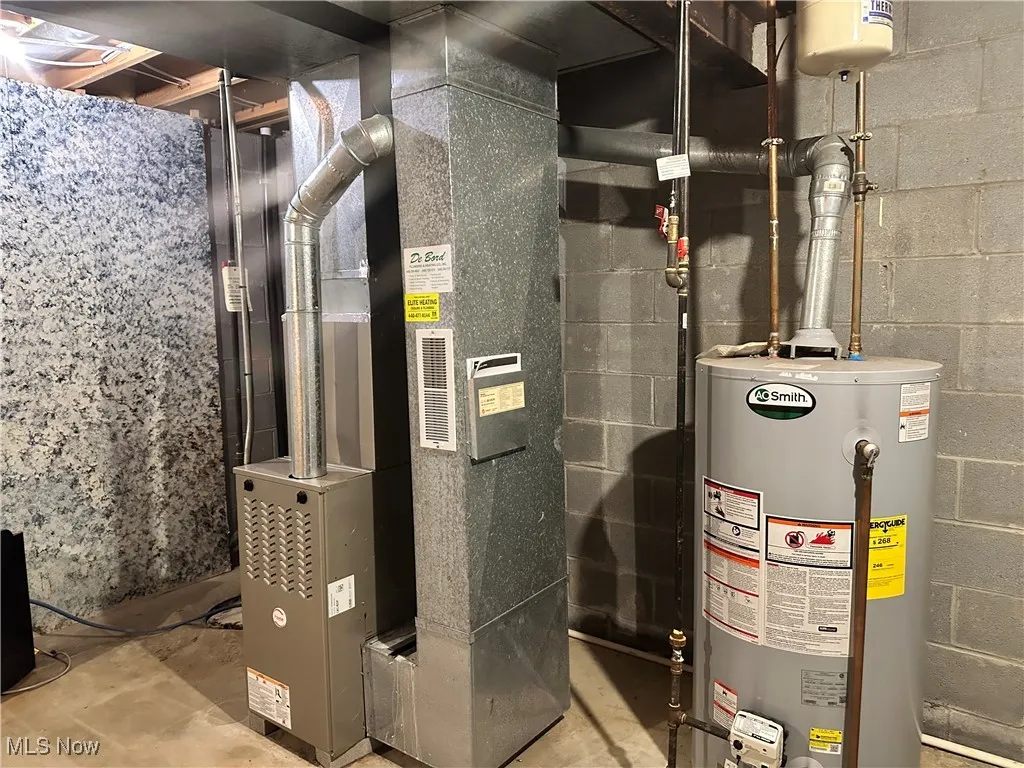 Utility room featuring water heater and heating unit