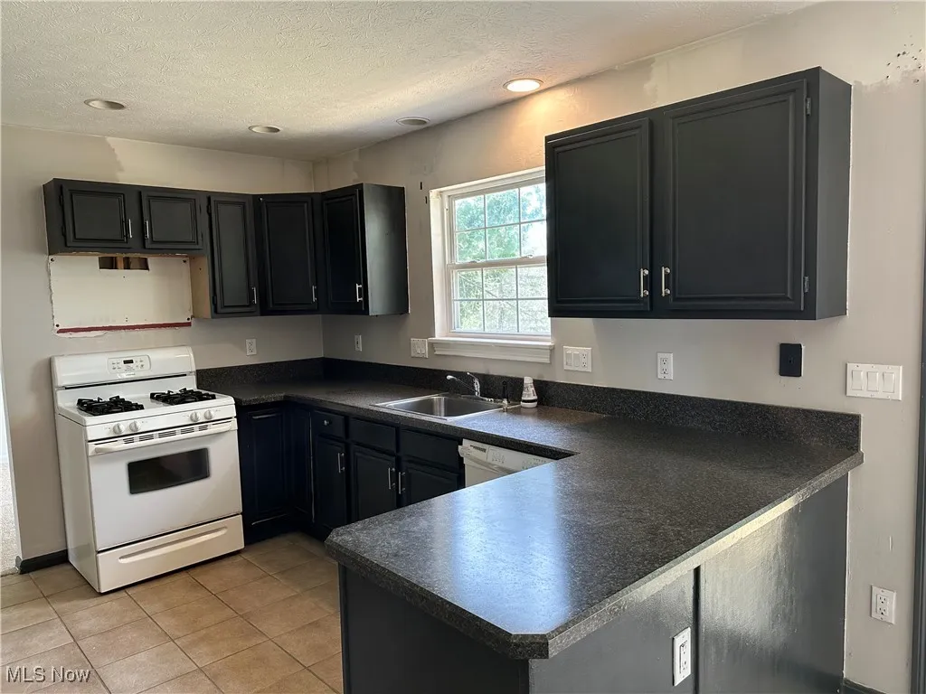 Kitchen featuring white appliances, dark countertops, a sink, a peninsula, and a textured ceiling