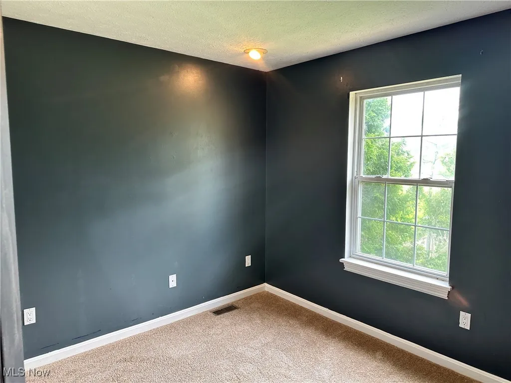 Carpeted spare room featuring a textured ceiling and baseboards
