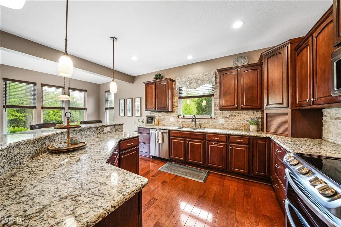 Kitchen with a sink, stainless steel appliances, backsplash, light stone countertops, and dark wood finished floors