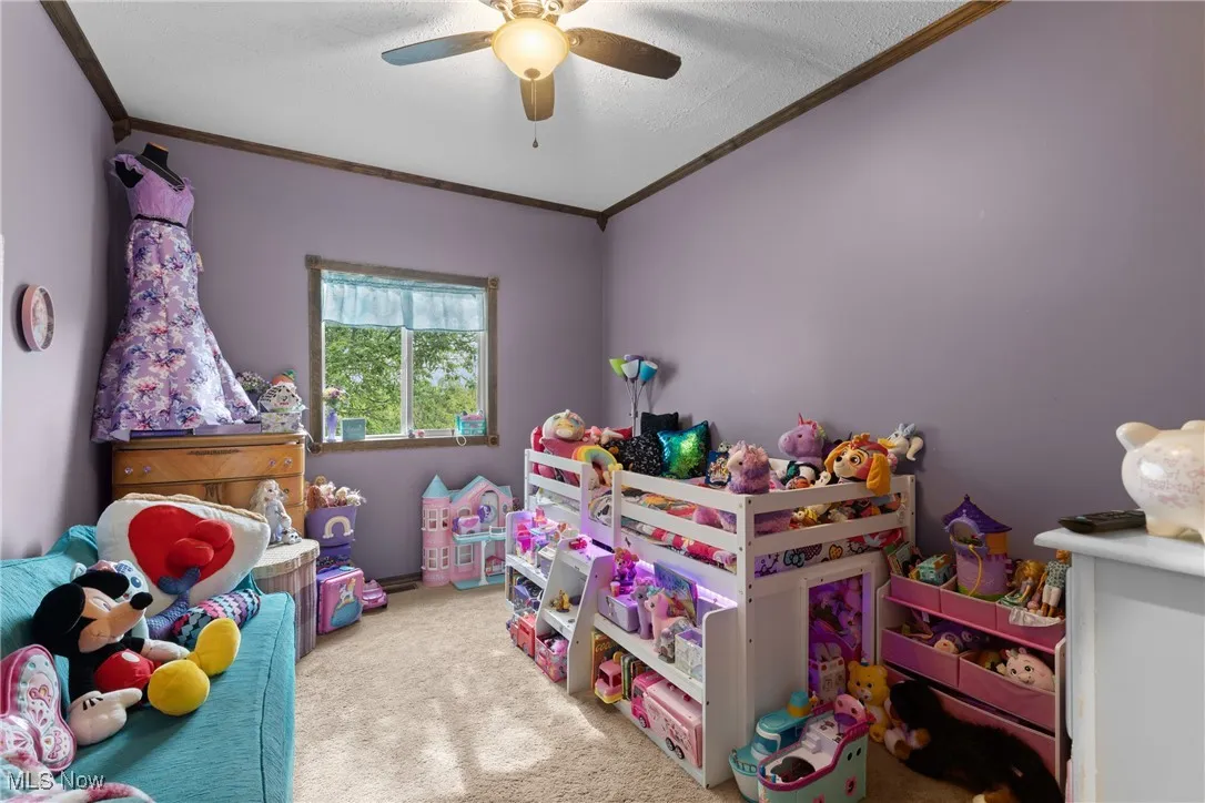Carpeted bedroom featuring crown molding and a ceiling fan