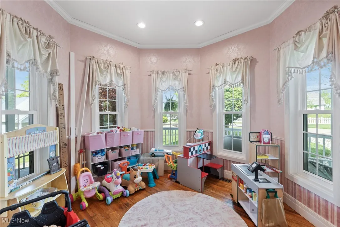 Recreation room with healthy amount of natural light, wood finished floors, ornamental molding, recessed lighting, and baseboards