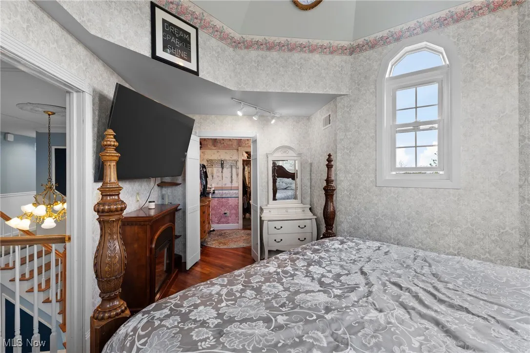 Bedroom featuring wood finished floors, a spacious closet, rail lighting, and a closet