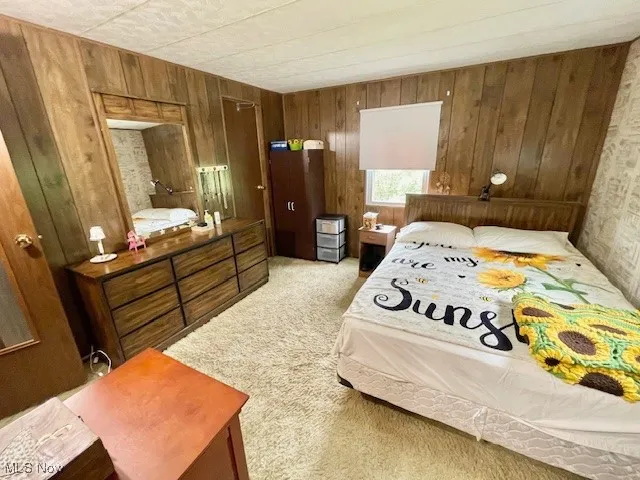 Bedroom spacious with light carpet and walk in closet