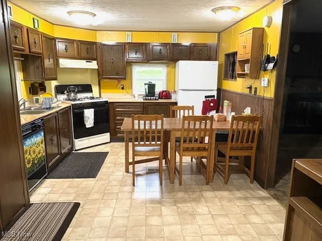 Kitchen featuring white appliances, under cabinet range hood, light countertops, dark brown cabinetry, and a wainscoted wall