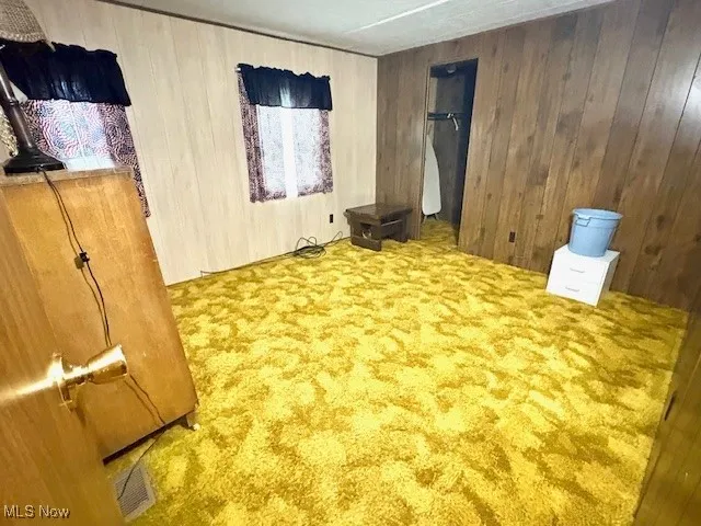 Carpeted bedroom with wooden walls, a closet, and a spacious closet