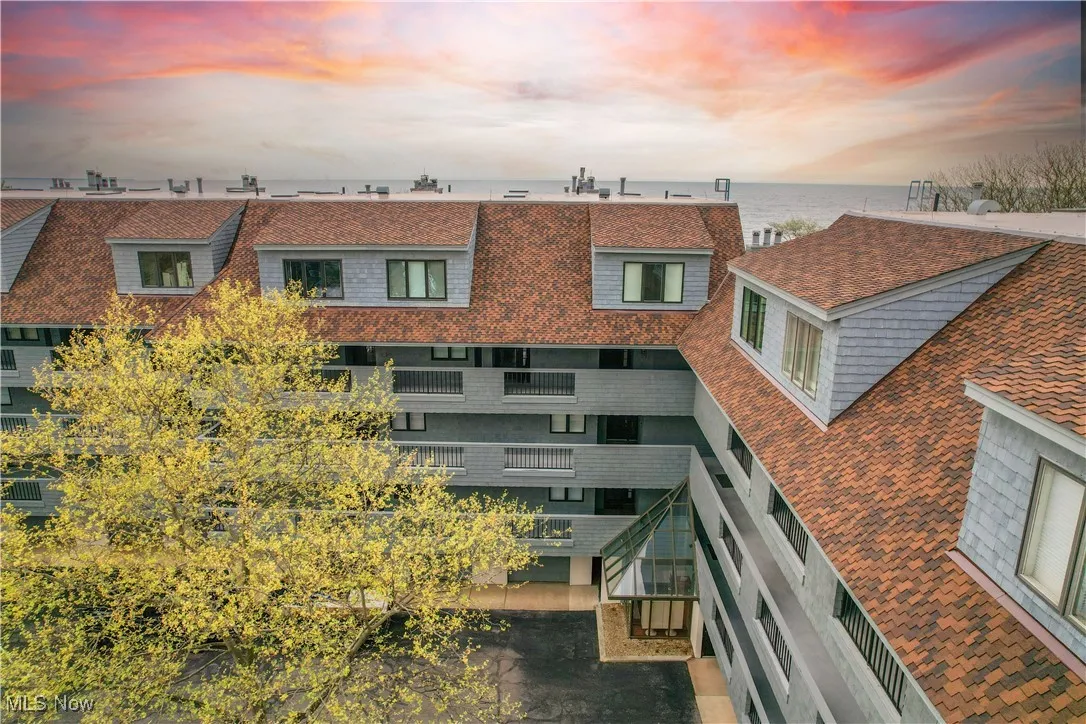 Rear view of property with a water view and roof with shingles