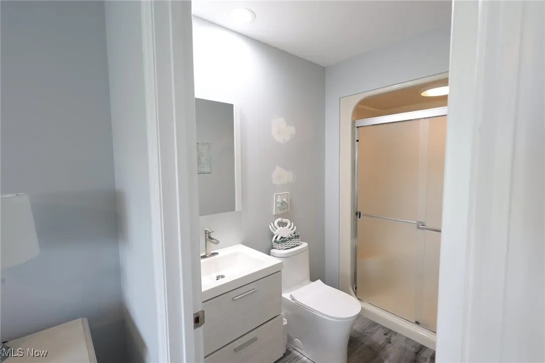 Full bathroom featuring a shower stall, toilet, vanity, and wood finished floors