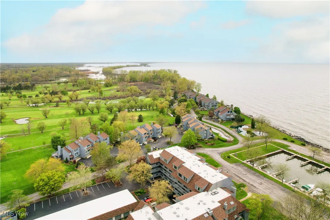 Aerial view of a nearby body of water