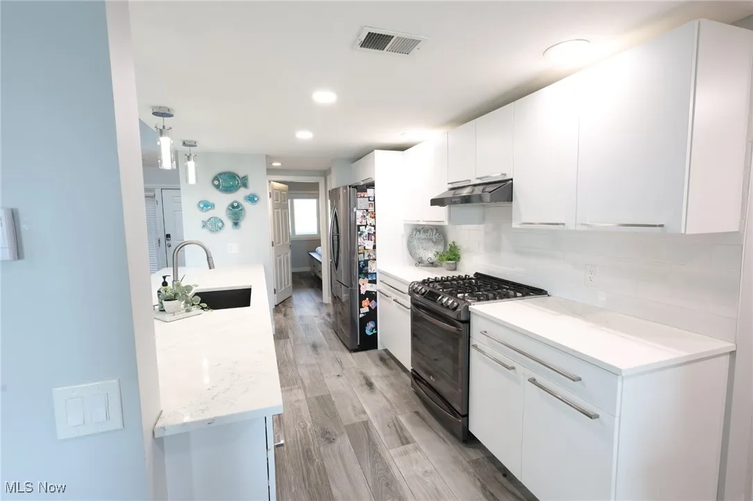 Kitchen with a sink, black range with gas stovetop, freestanding refrigerator, under cabinet range hood, and tasteful backsplash