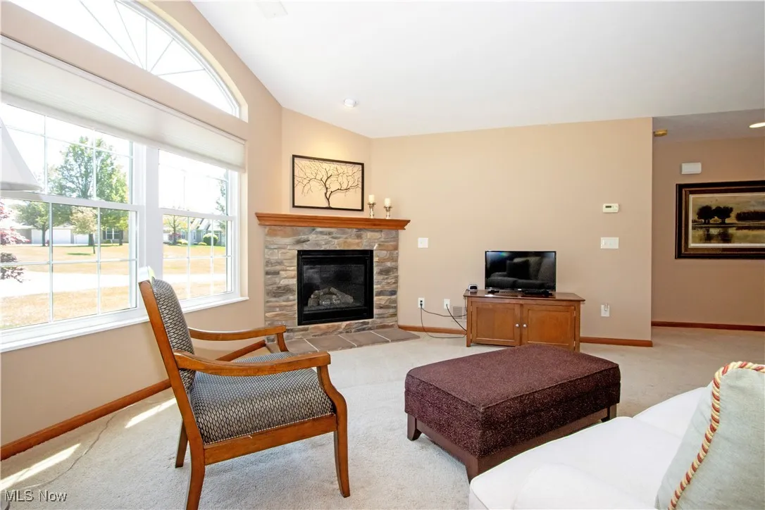Living area with light colored carpet, baseboards, lofted ceiling, and healthy amount of natural light