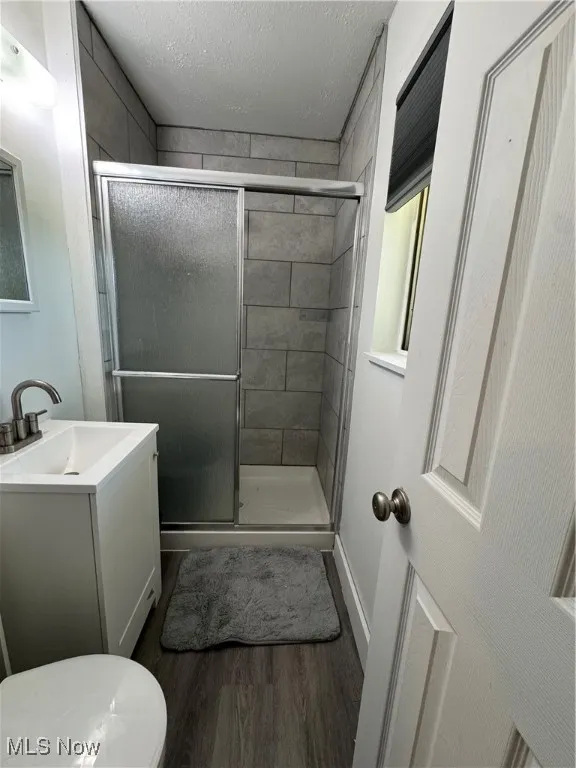 Full bath featuring wood finished floors, a shower stall, vanity, and a textured ceiling