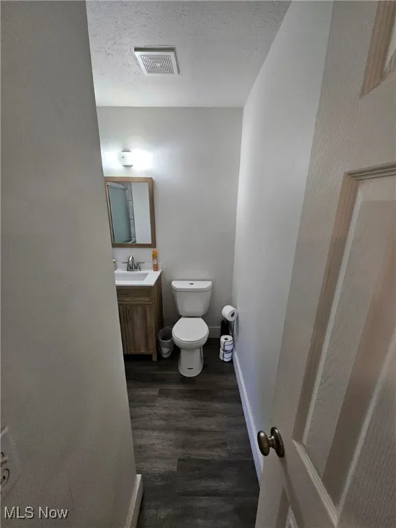 Bathroom with wood finished floors, vanity, and a textured ceiling