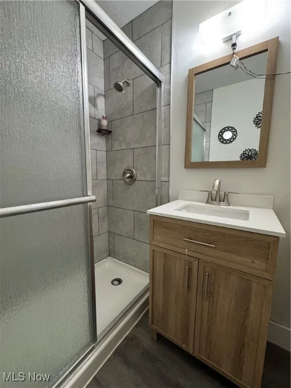 Bathroom featuring a shower stall, wood finished floors, and vanity