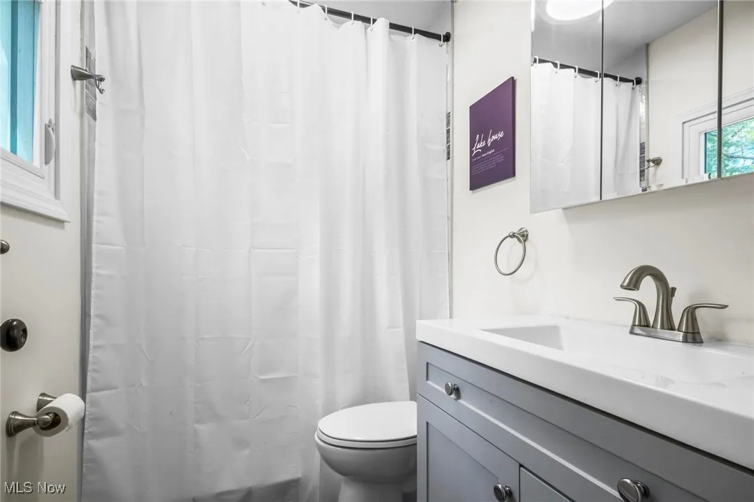 Bathroom with toilet, vanity, and a shower with shower curtain