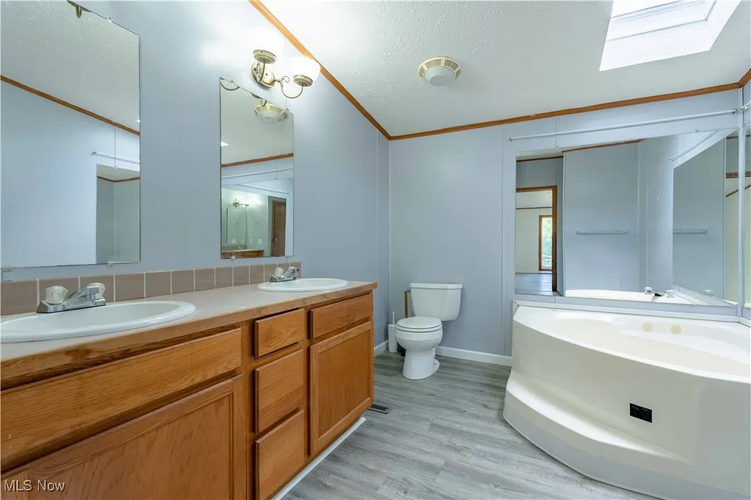 Full bath with ornamental molding, a bath, light wood-style floors, a skylight, and double vanity