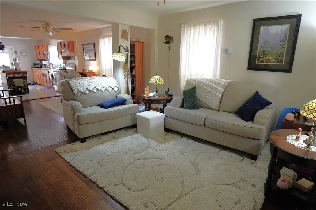 Living area featuring wood finished floors and a ceiling fan