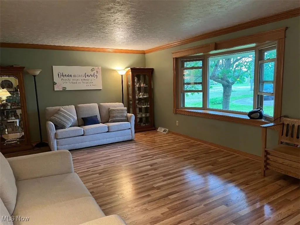 Living room featuring ornamental molding, laminate floors, baseboards, and a textured ceiling