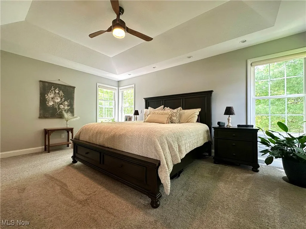 Carpeted bedroom with a tray ceiling, baseboards, and ceiling fan