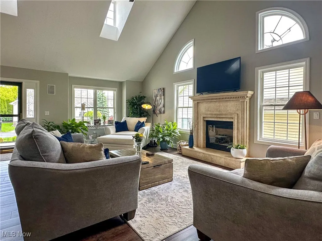 Living area featuring high vaulted ceiling, a fireplace, wood finished floors, and a skylight