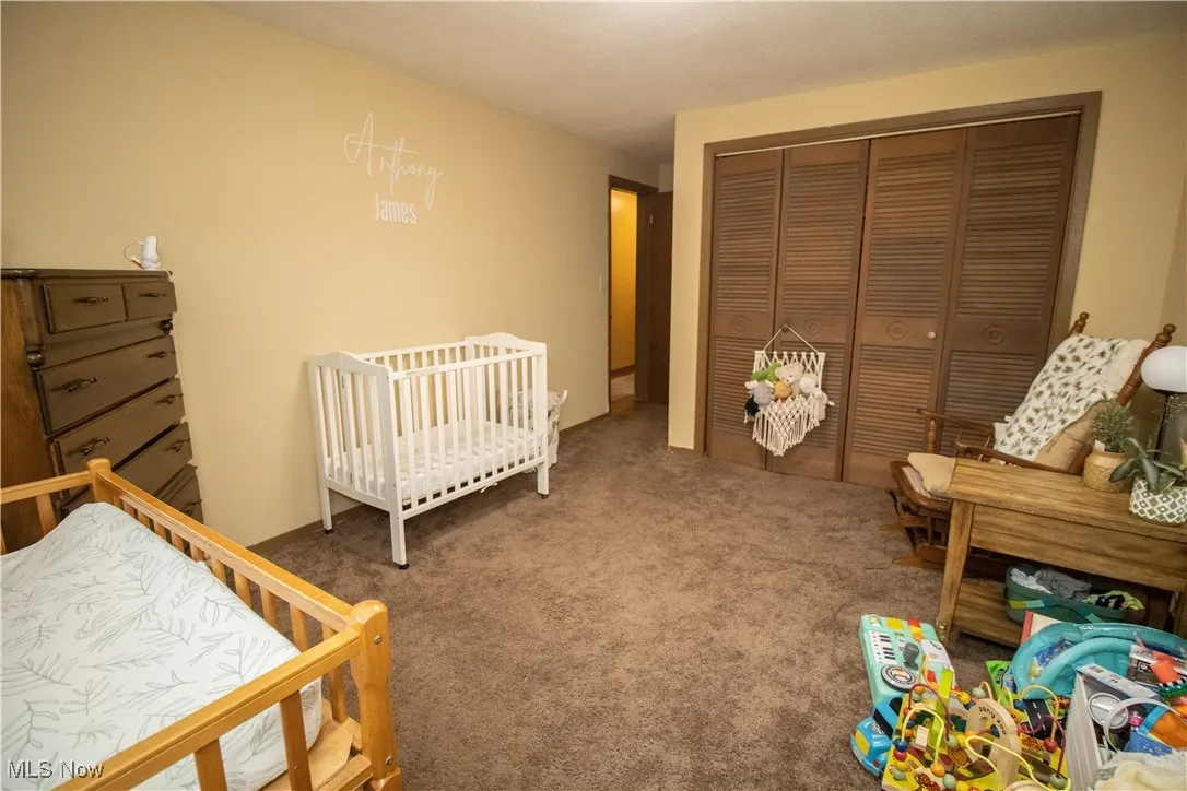Carpeted bedroom featuring a closet