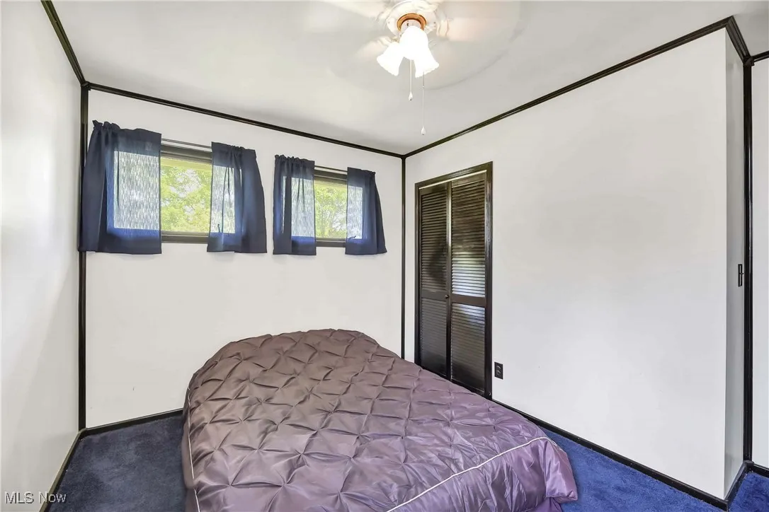 Carpeted bedroom featuring a closet and a ceiling fan