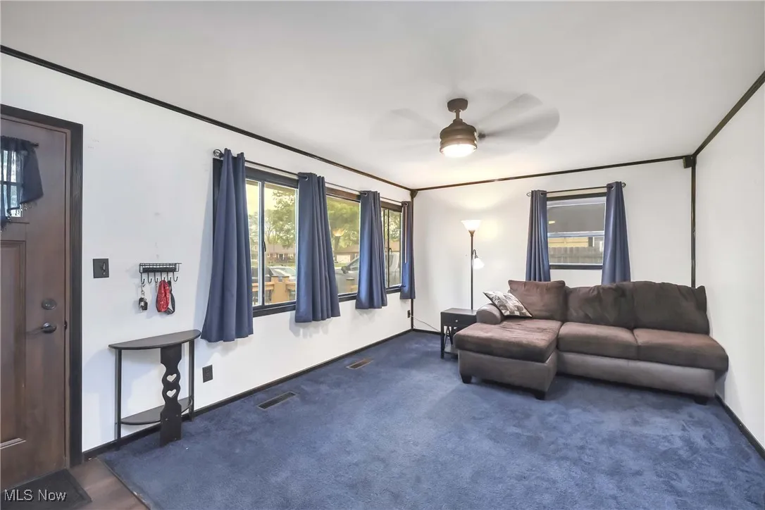 Living area featuring ceiling fan, carpet, and baseboards