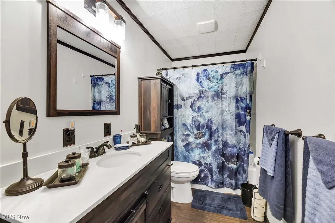 Bathroom featuring toilet, vanity, wood finished floors, ornamental molding, and a shower with curtain