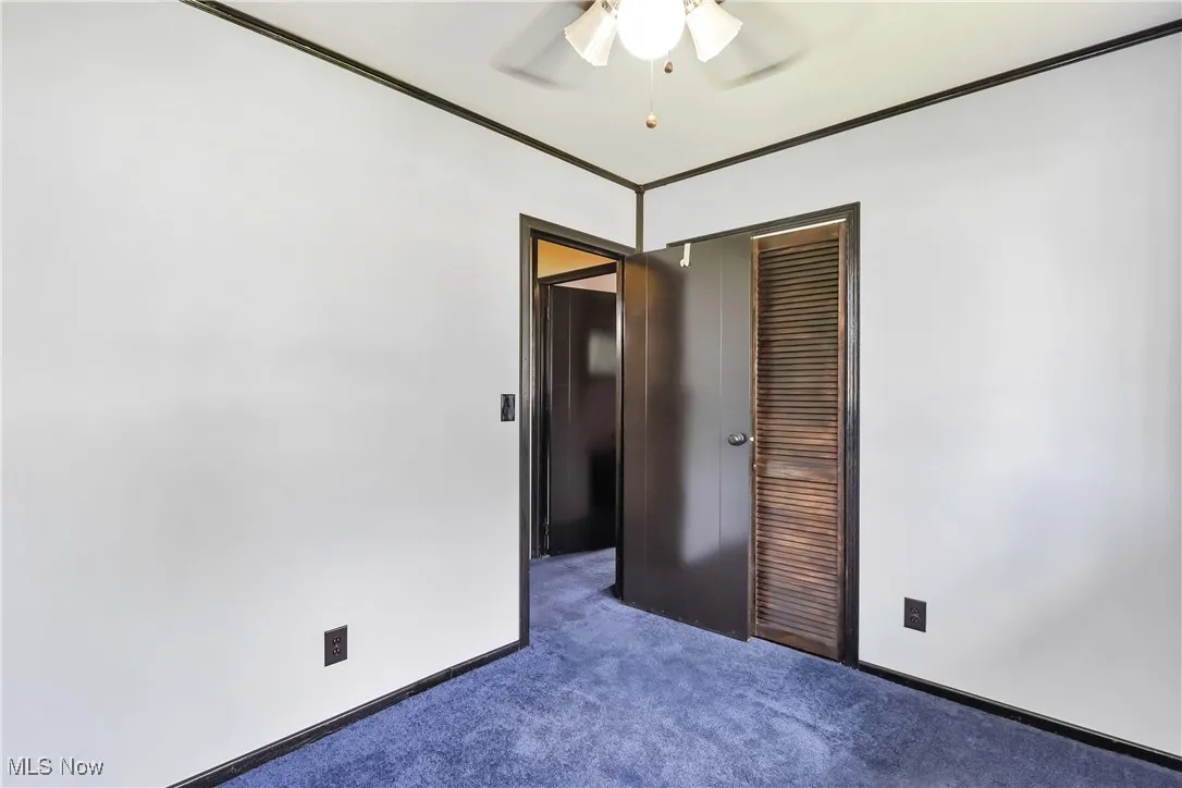Carpeted spare room with ceiling fan and baseboards