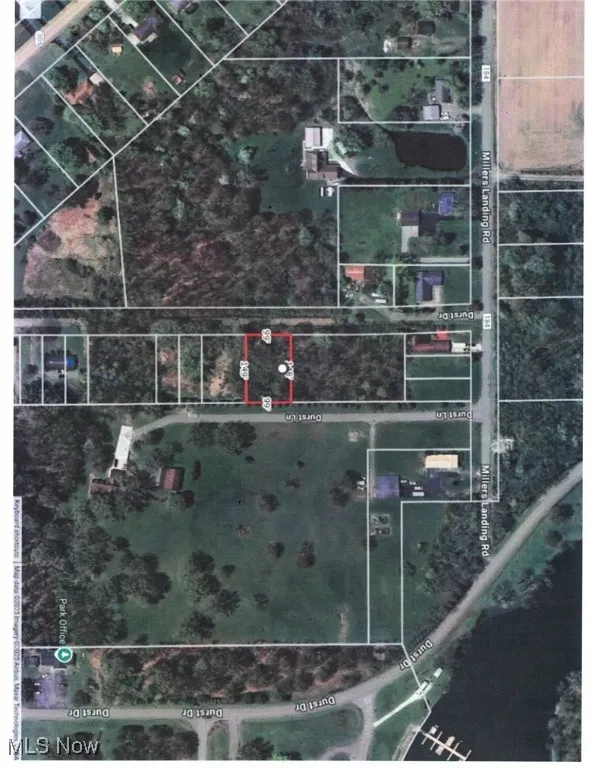 Aerial overview of property's location with property parcel outlined