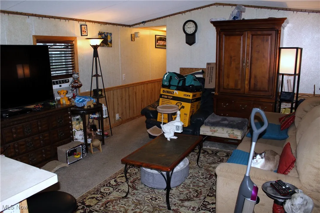 Carpeted living area with wainscoting, vaulted ceiling, and wooden walls