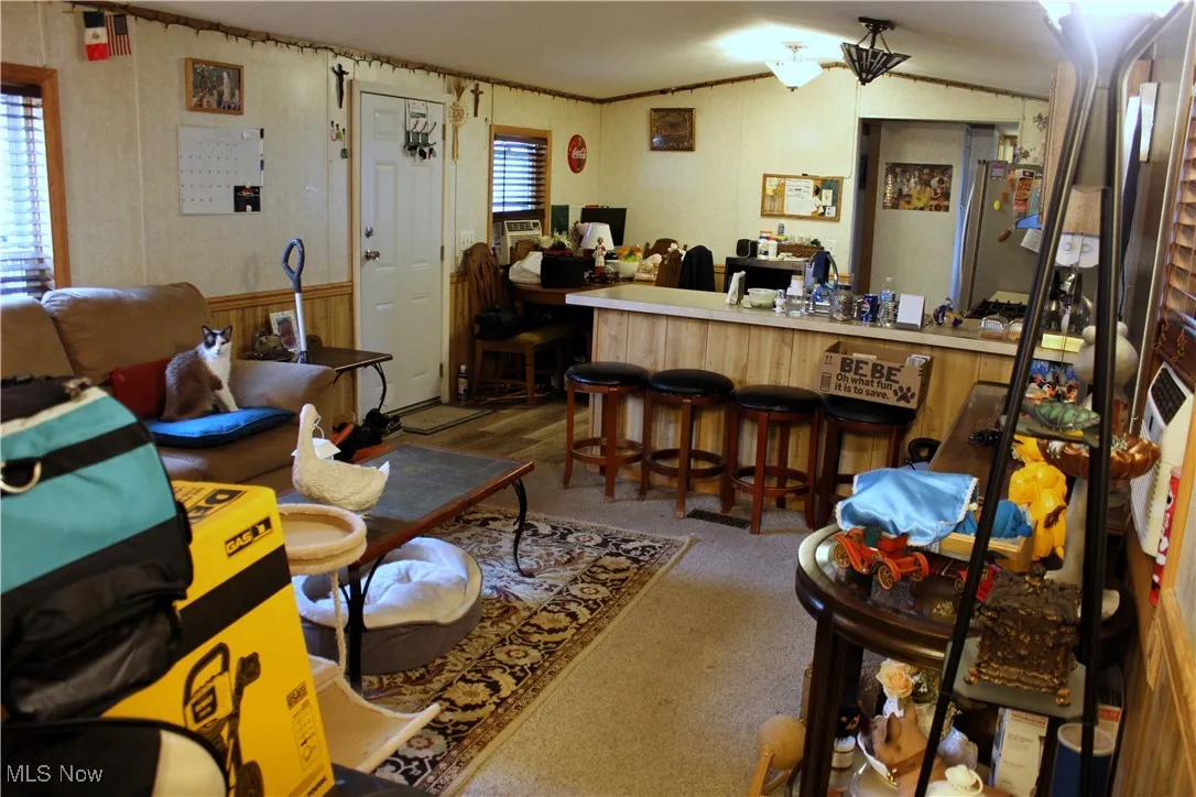 Carpeted living room with crown molding, a bar, wainscoting, and lofted ceiling