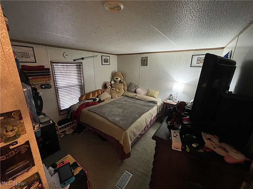 Bedroom featuring carpet, ornamental molding, and a textured ceiling