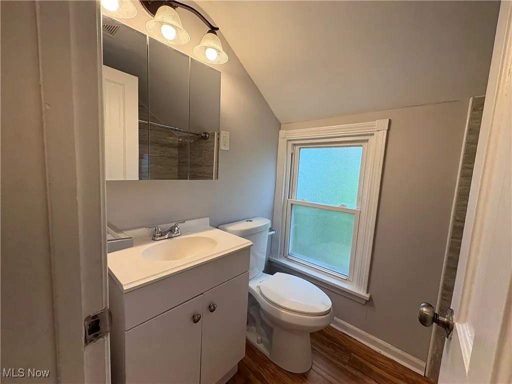 Bathroom with vaulted ceiling, wood finished floors, toilet, baseboards, and vanity