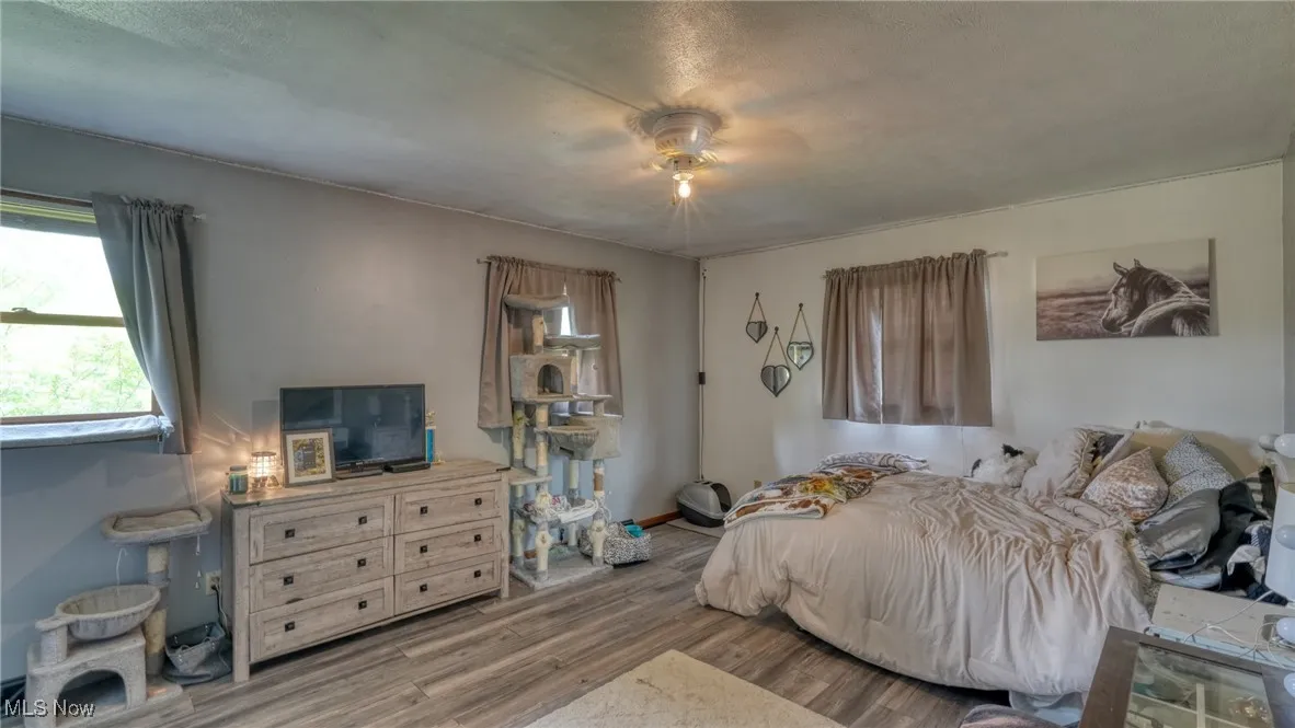 Bedroom featuring wood finished floors and a ceiling fan