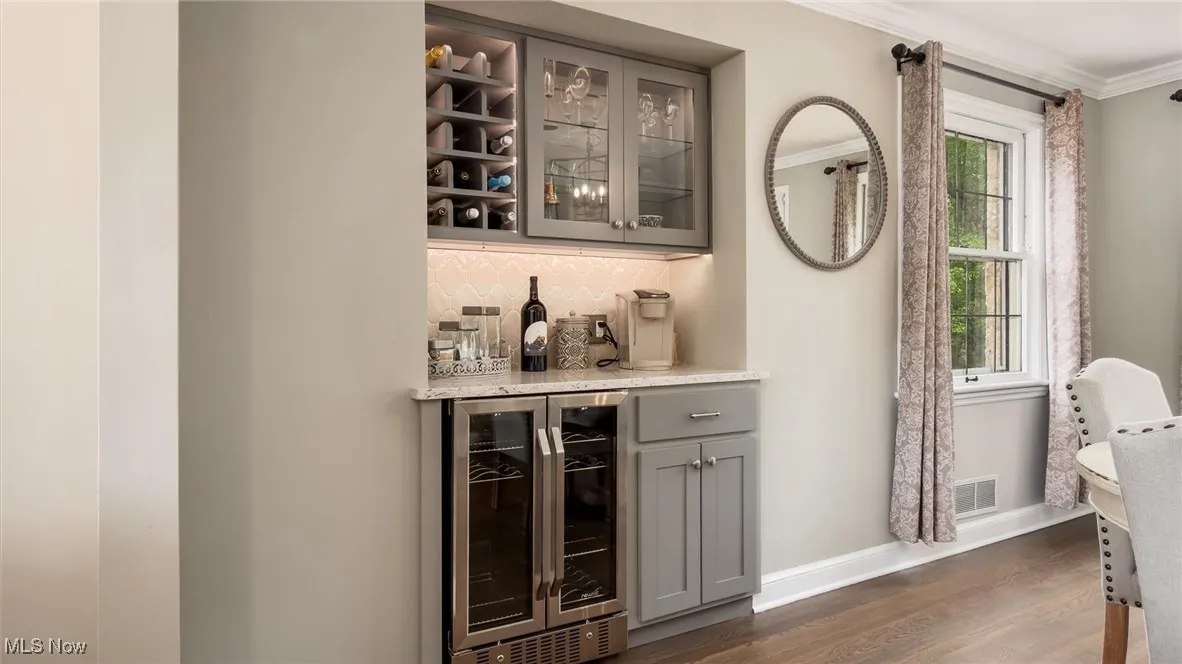 Indoor dry bar with wine cooler, ornamental molding, tasteful backsplash, dark wood-type flooring, and baseboards