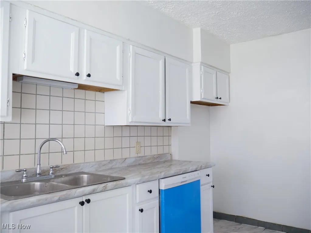 Kitchen featuring dishwashing machine, a sink, white cabinets, light countertops, and backsplash