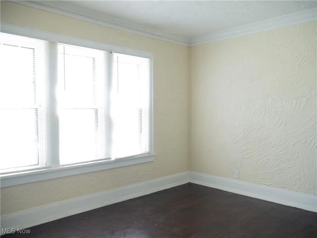 Empty room featuring ornamental molding, dark wood-style flooring, baseboards, and healthy amount of natural light