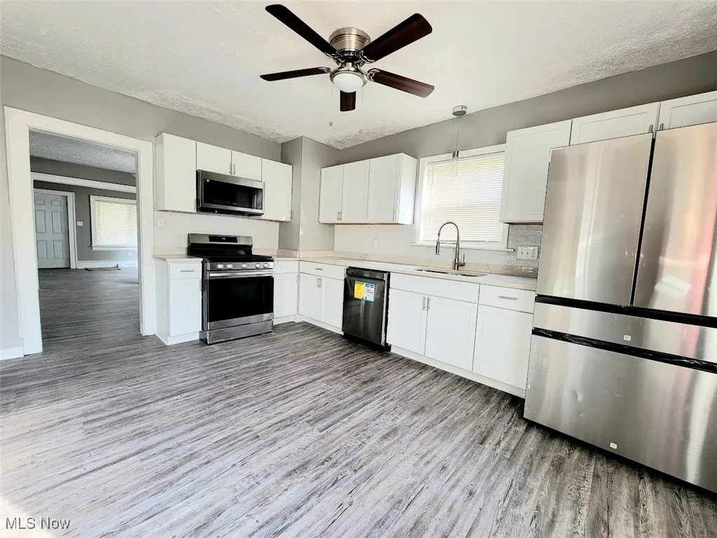 Updated kitchen with appliances and vinyl flooring