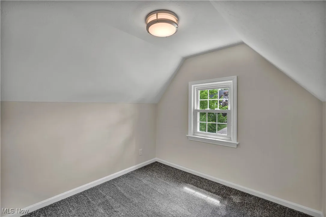 Bonus room with lofted ceiling, carpet, and baseboards
