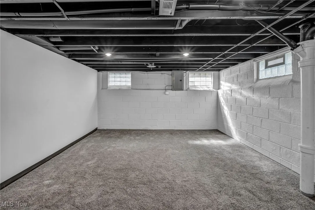 Below grade area featuring electric panel, carpet flooring, and healthy amount of natural light