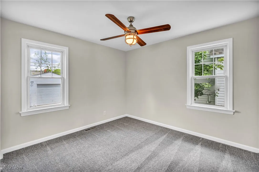 Carpeted empty room with ceiling fan, plenty of natural light, and baseboards