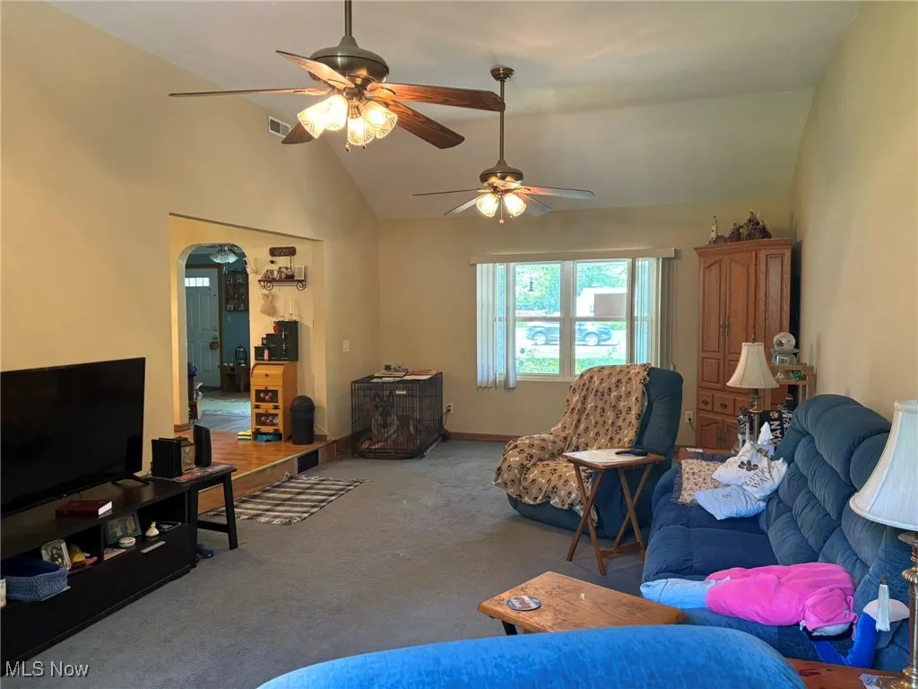 Carpeted living area featuring lofted ceiling, ceiling fan, and arched walkways